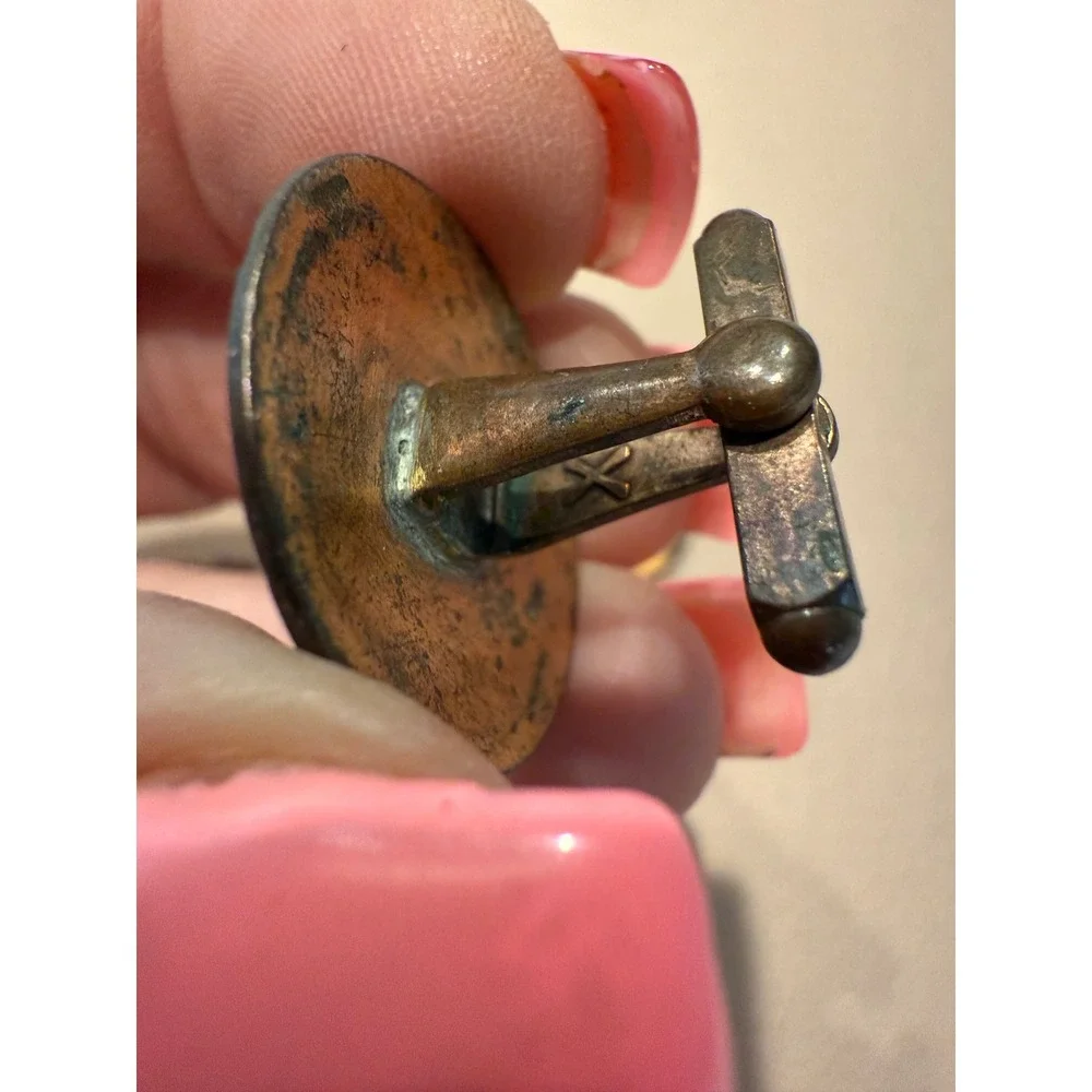 Vintage Enamel Cufflinks Red‎ Black Abstract Pattern Copper Tone Metal